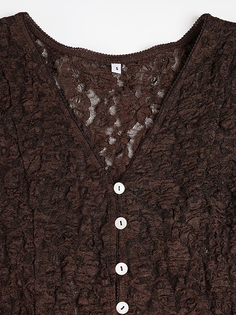 Elegant Lace V Neck Button Up Ruffles Slim Blouse