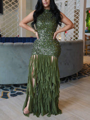 Elegant Sequin Slim Ruffle Mesh Tassel Maxi Dress