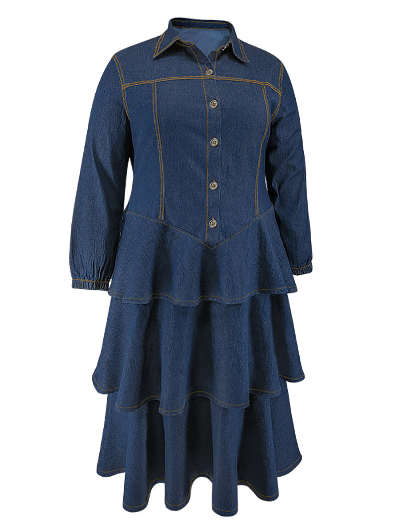 Plus Size Button Tiered Denim Dress
