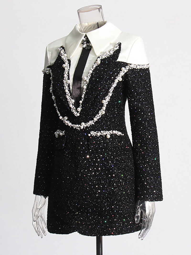 Fashion Sequin Beaded Slim Blazer Mini Dress