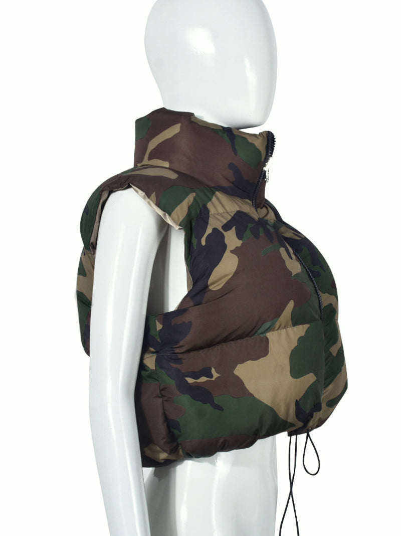 Casual Camouflage Print Patchwork Puffer Vest