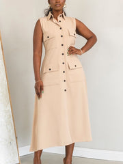 Lapel Sleeveless High Waist Cardigan Midi Dress
