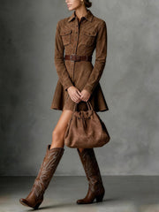 Suede Single-breasted Lapel Long Sleeve Mini Dress