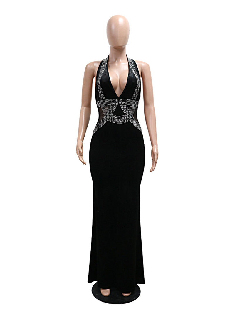 Sexy Deep V Rhinestone Pattern Velvet Halter Maxi Dress