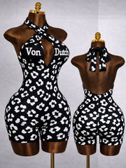 Sexy Leopard Print Halter Backless Tie-wrap Rompers