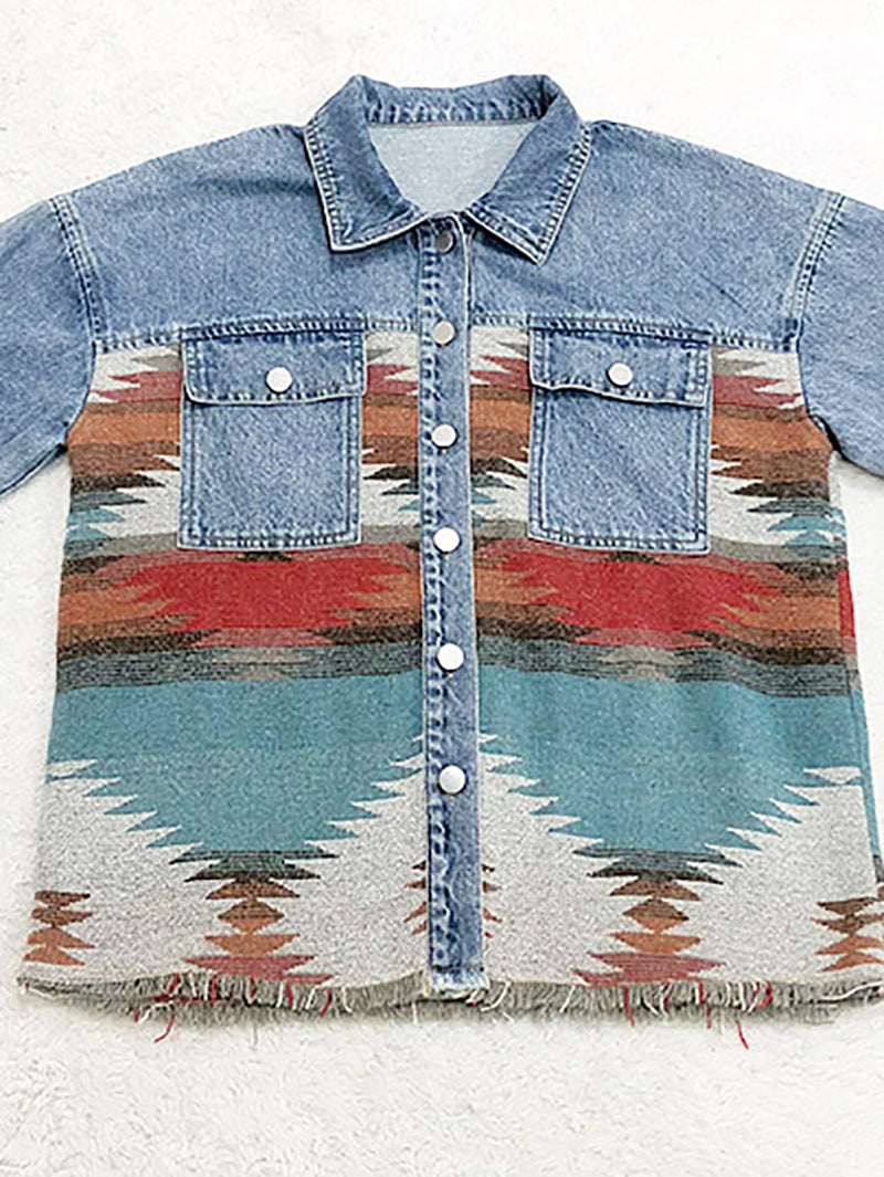 Fashion Denim Patchwork Contrast Aztec Jacket