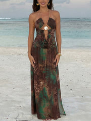 Sexy Chain Halterneck Print Slim Maxi Dress