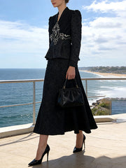 Vintage V Neck Ruffle Jacket Maxi Skirt Set