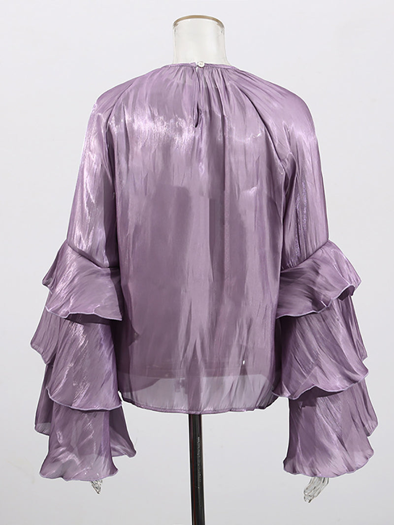 Elegant Round Collar Tiered Sleeve Chiffon Top