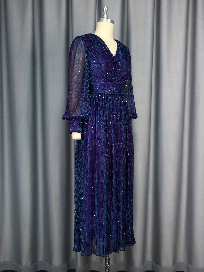 Elegant V-Neck Mesh Sequin Slim Maxi Dress