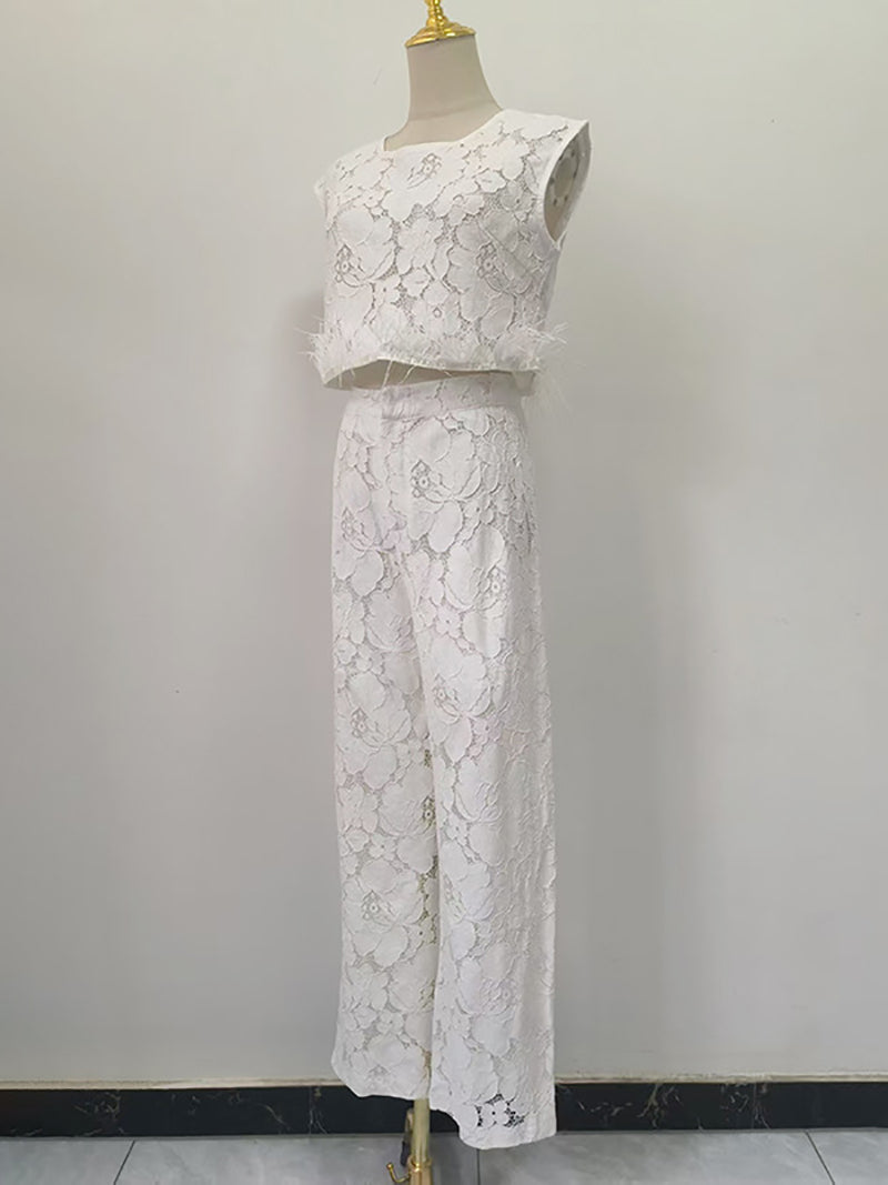 Fashion Embroidered Feather Crop Top Wide Leg Pants Set