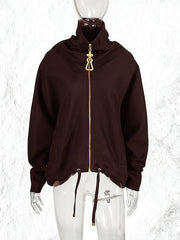 Fashion Patchwork Zipper Drawstring Jacket