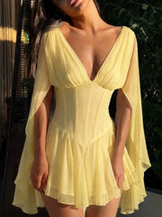V Neck Corset Waist Cape Sleeve Mini Dress