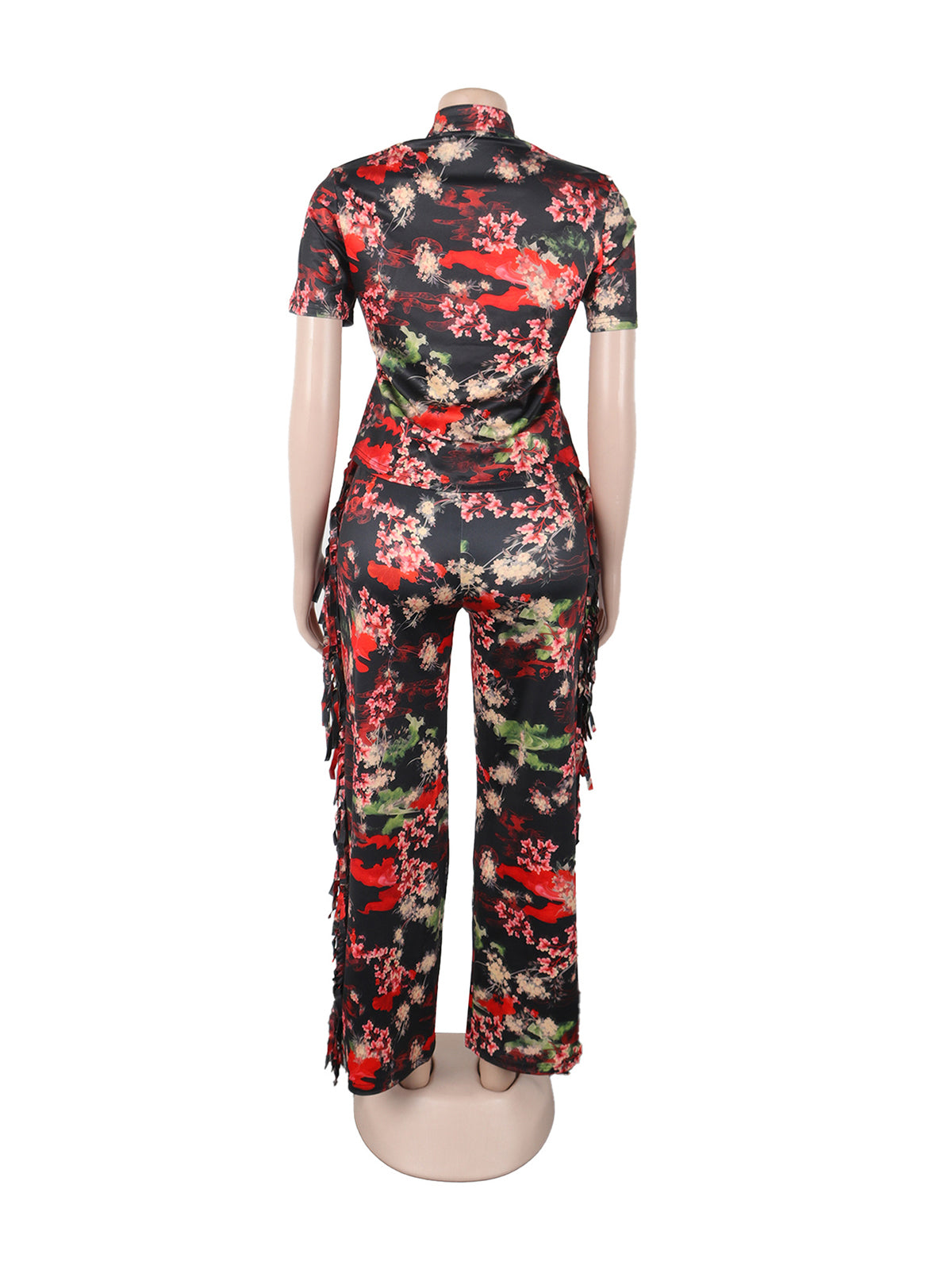 Print Fringe Trim Button Collar Casual Two Piece Set
