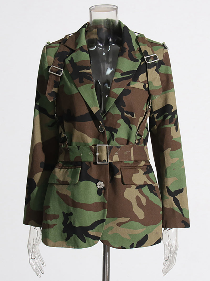 Camo Single Breasted Long Sleeve Ladies Blazer Coat