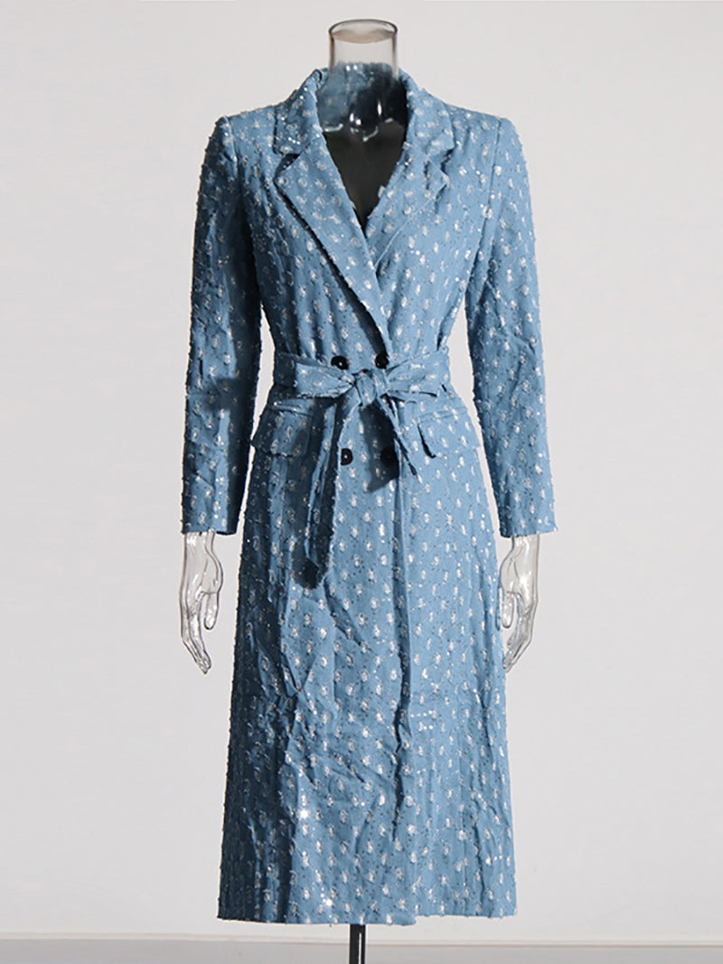 Fashion Lapel Lace-Up Distressed Denim Trench Coat