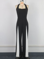 Sexy Black White Color Block Halterneck Jumpsuit