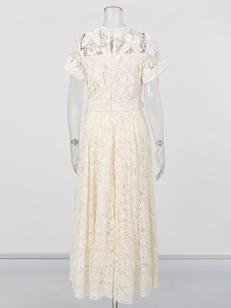 Elegant Bowknot Neck Short Sleeve Embroider Maxi Dress