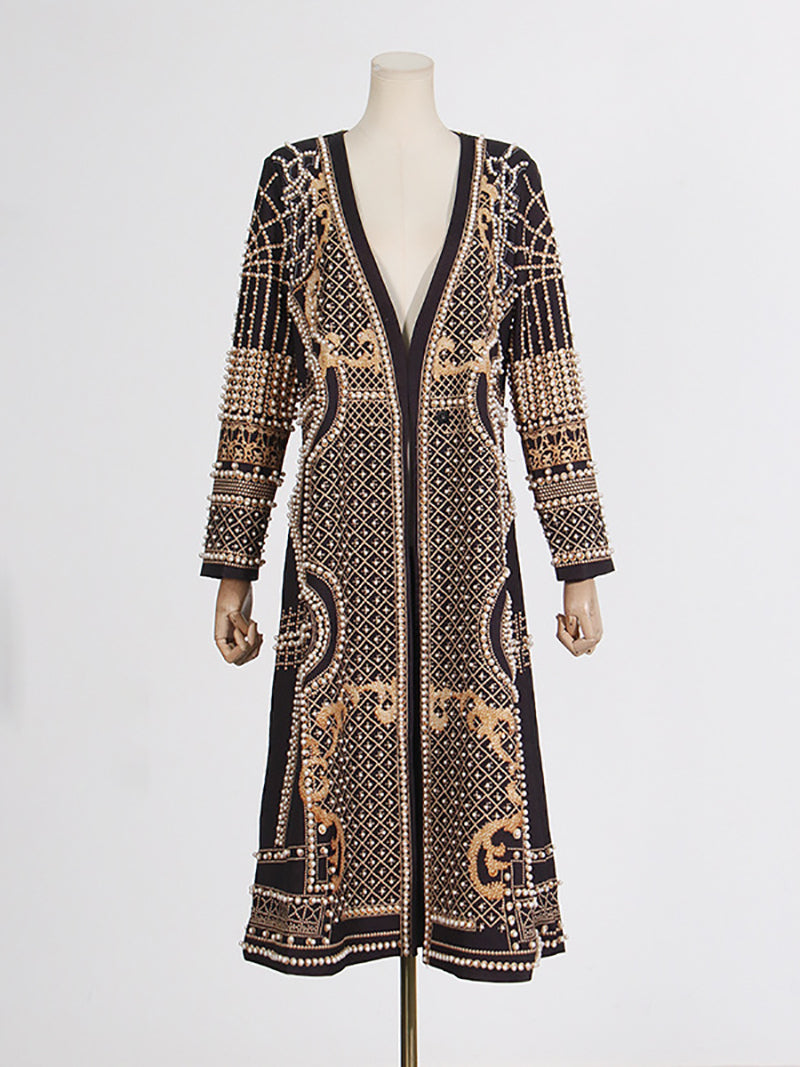 Fashion V Neck Beaded Print Coat