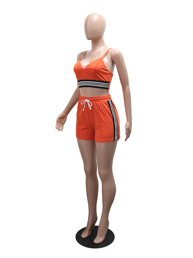 Fashion Patchwork Sling Crop Top Shorts Set