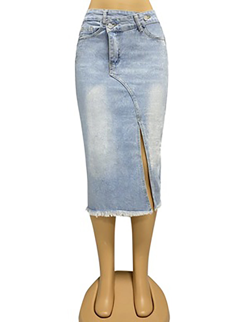 Retro High Waist Denim Split Skirt