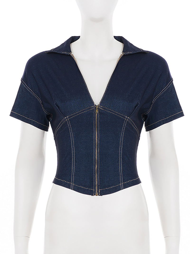 Short Sleeve Zip Front Cinched Waist Crop Top