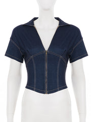 Short Sleeve Zip Front Cinched Waist Crop Top