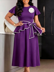 Ruffle Tie Waist Midi Dress with Brooch