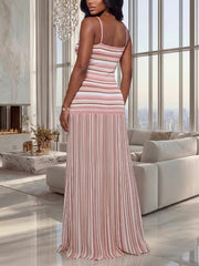 Fashion Striped Sleeveless Strap Maxi Dress