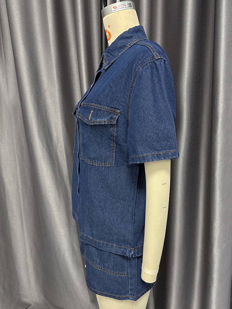 Casual Button Down Denim Shirt Shorts Set