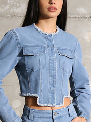 Fashion Round Neck Cutout Denim Jacket