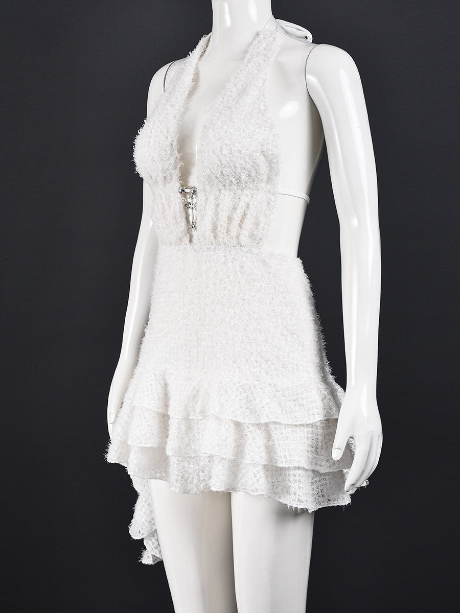 Sexy Deep V Halter Lace-up Knit Ruffles Mini Dress