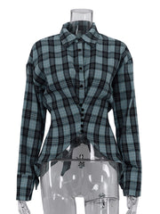 Casual Button-up Cinched Waist Plaid Shirt