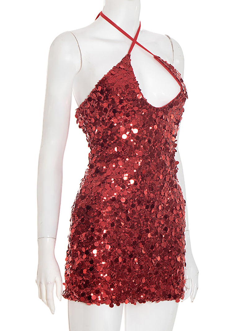 Sexy Halter Lace-up Sequin Party Club Mini Dress