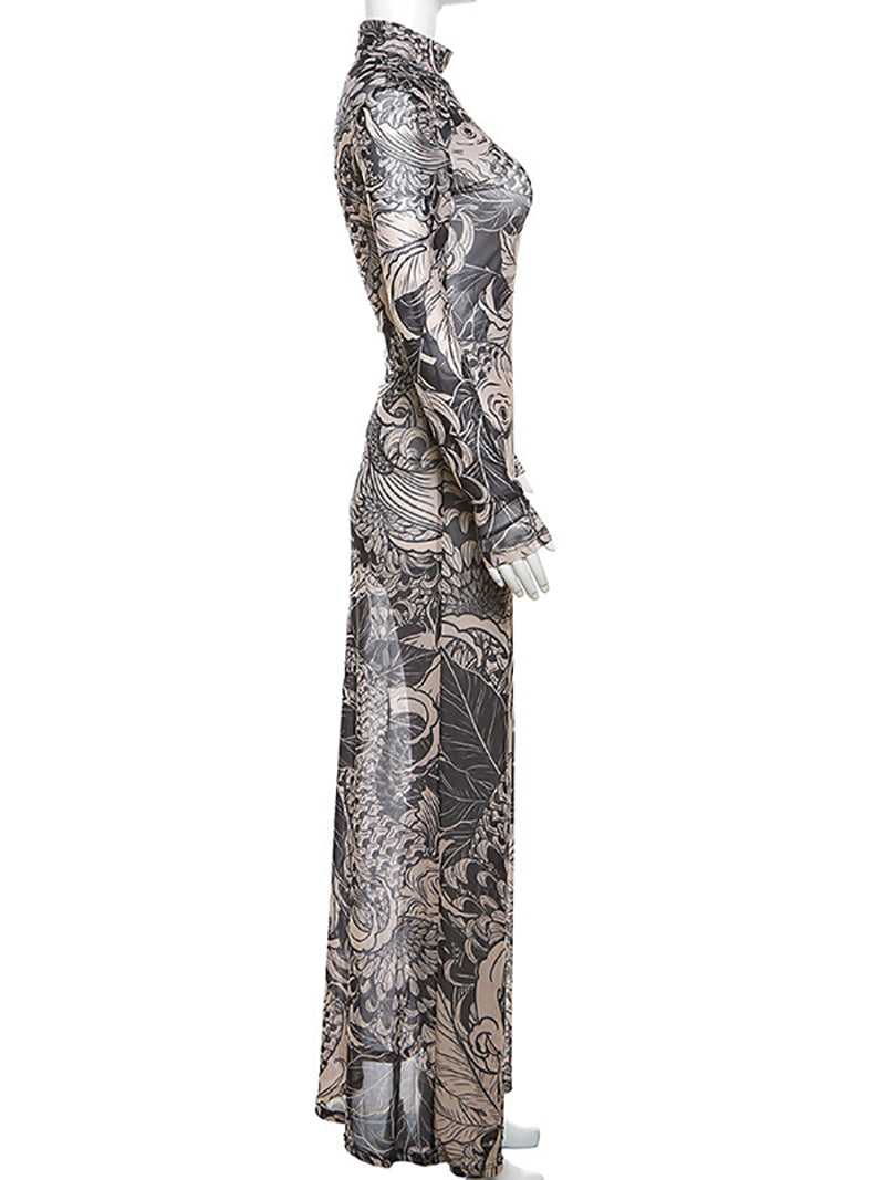 Turtleneck Print Sheer Mesh Bodycon Maxi Dress