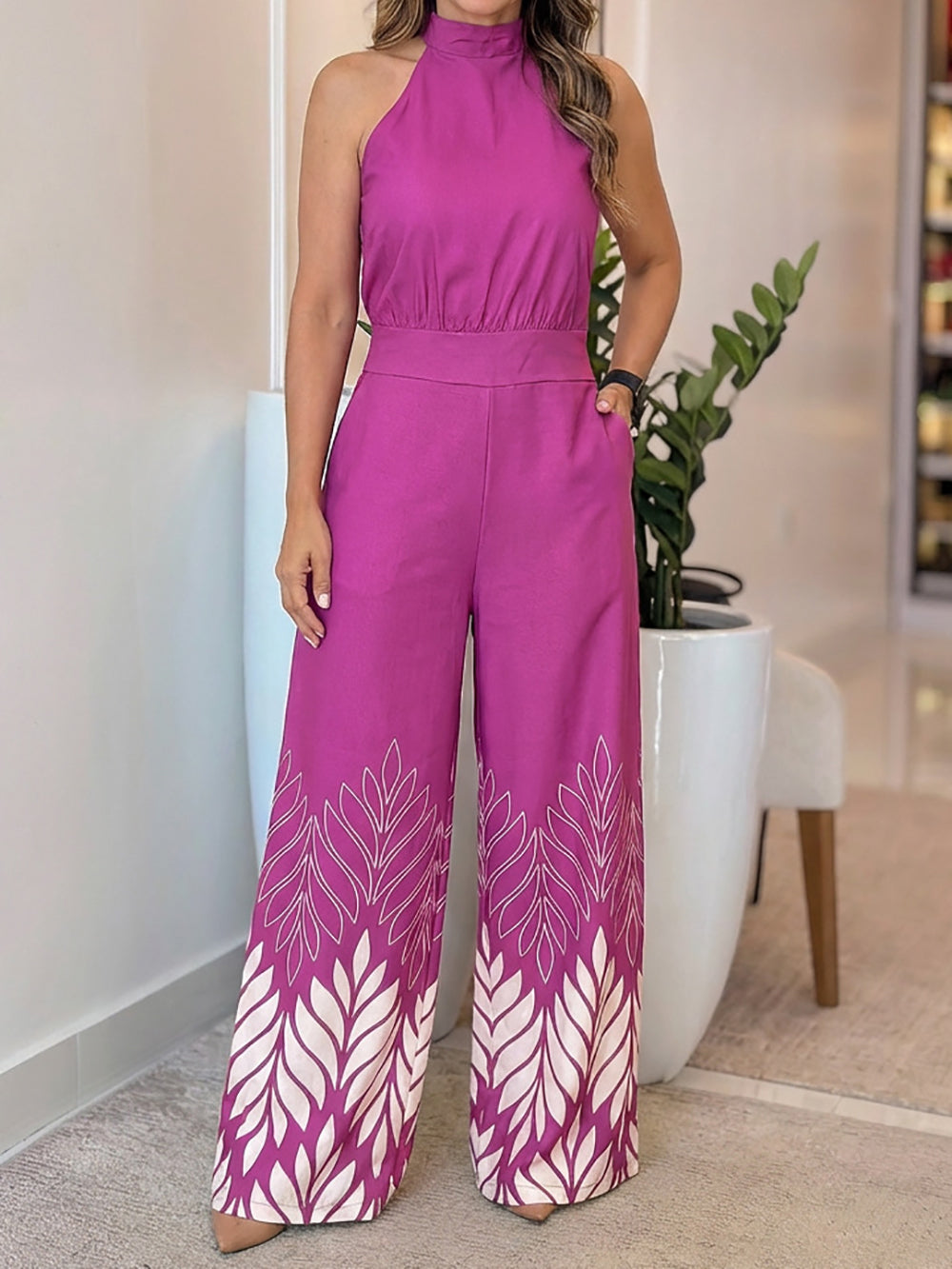 Casual Sleeveless Bandage Print Slim Wide Leg Jumpsuit