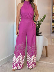 Casual Sleeveless Bandage Print Slim Wide Leg Jumpsuit