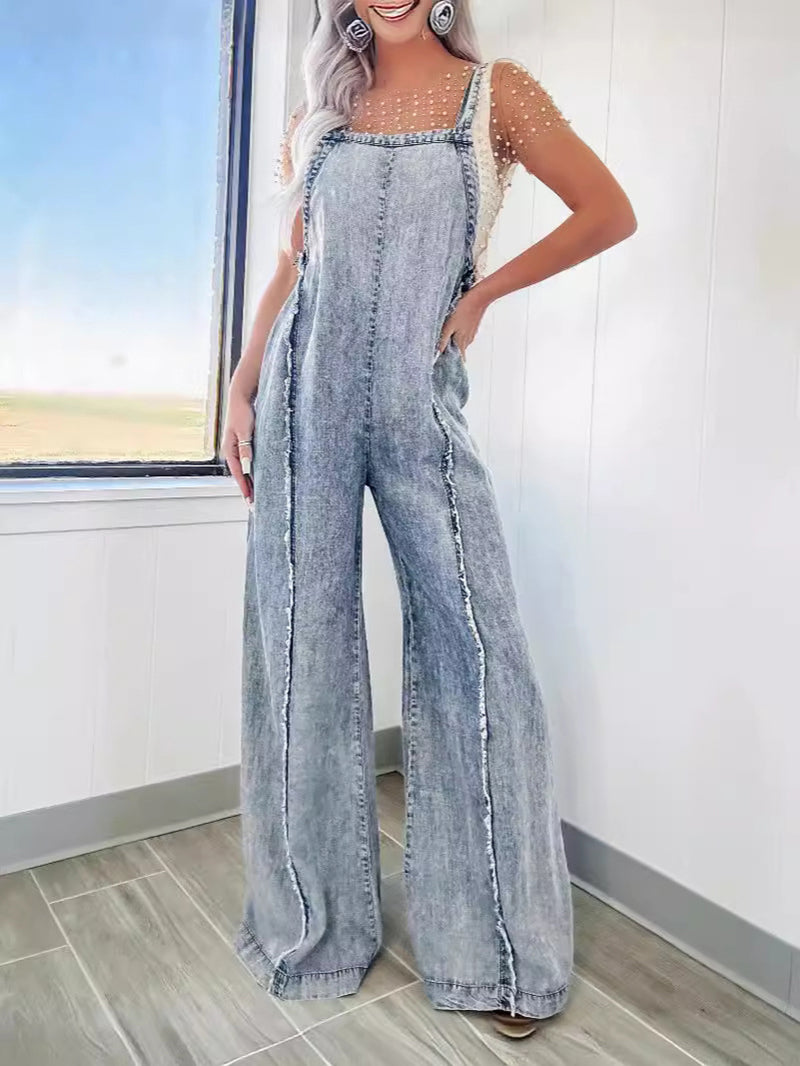 Vintage Washed Raw Edge Wide Legs Overalls Jumpsuit