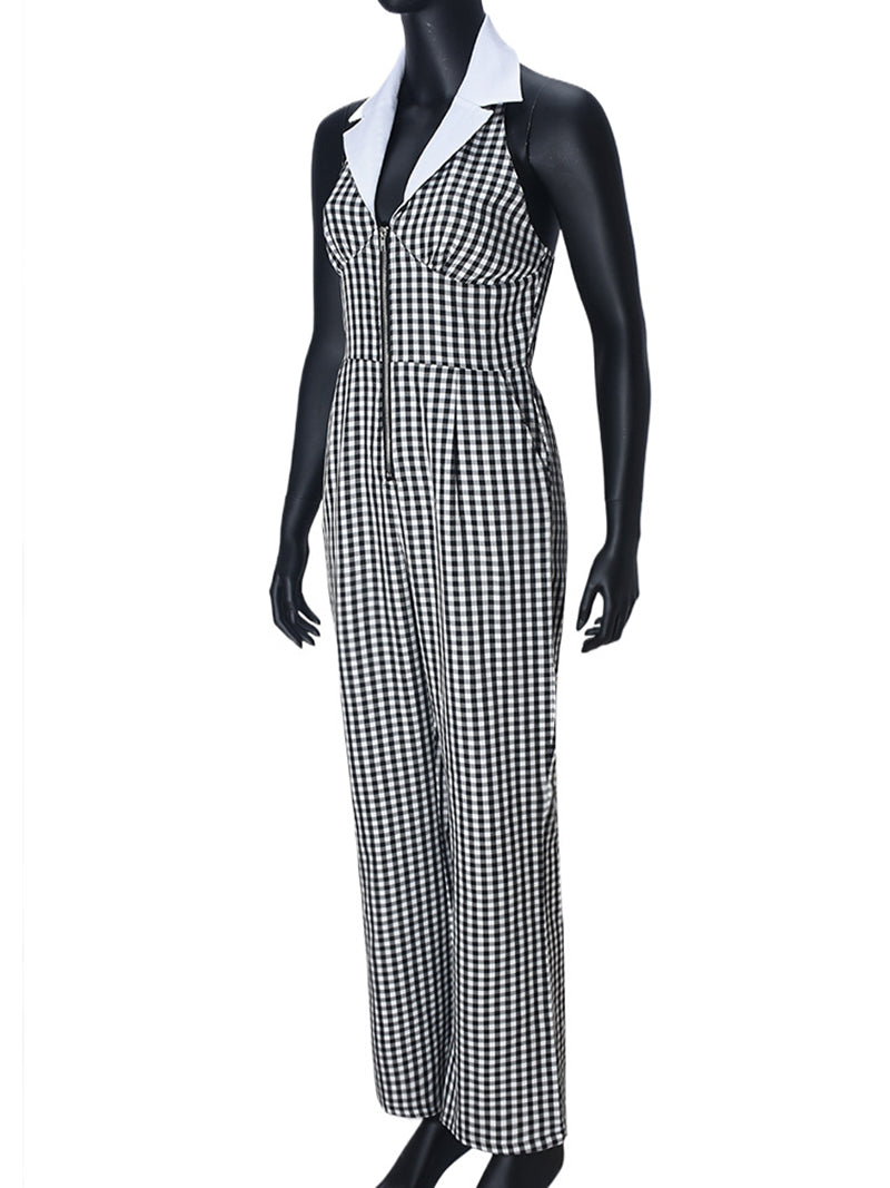 Fashion Plaid Lapel Backless Halter Jumpsuit