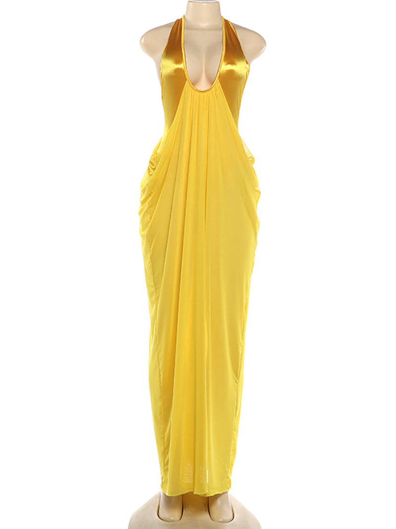 Sexy Halter Neck Patchwork Ruched Maxi Dress