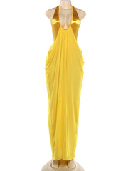 Sexy Halter Neck Patchwork Ruched Maxi Dress