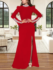 Elegant Long Sleeve Sparkling Rhinestone Slit Maxi Dress
