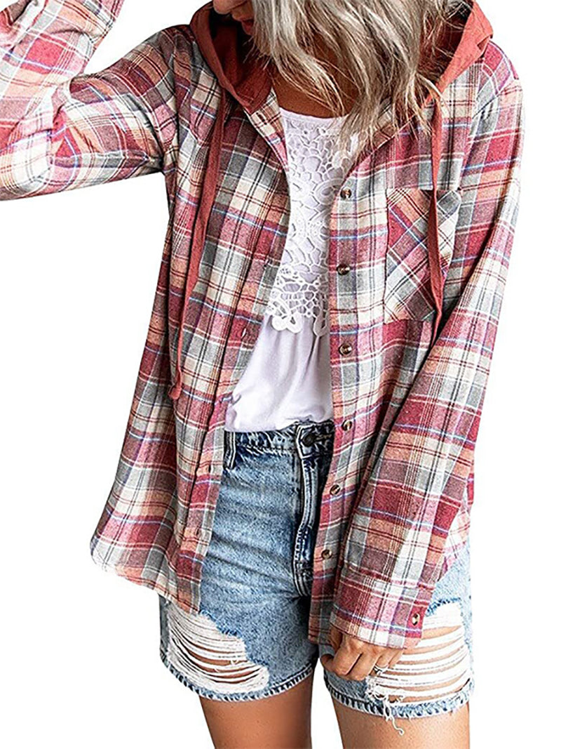 Casual Plaid Hooded Drawstring Button Down Shirt