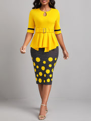 Polka Dot Patchwork Belted Bodycon Dress