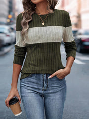 Casual Round Neck Ribbed Loose Knit Shirt