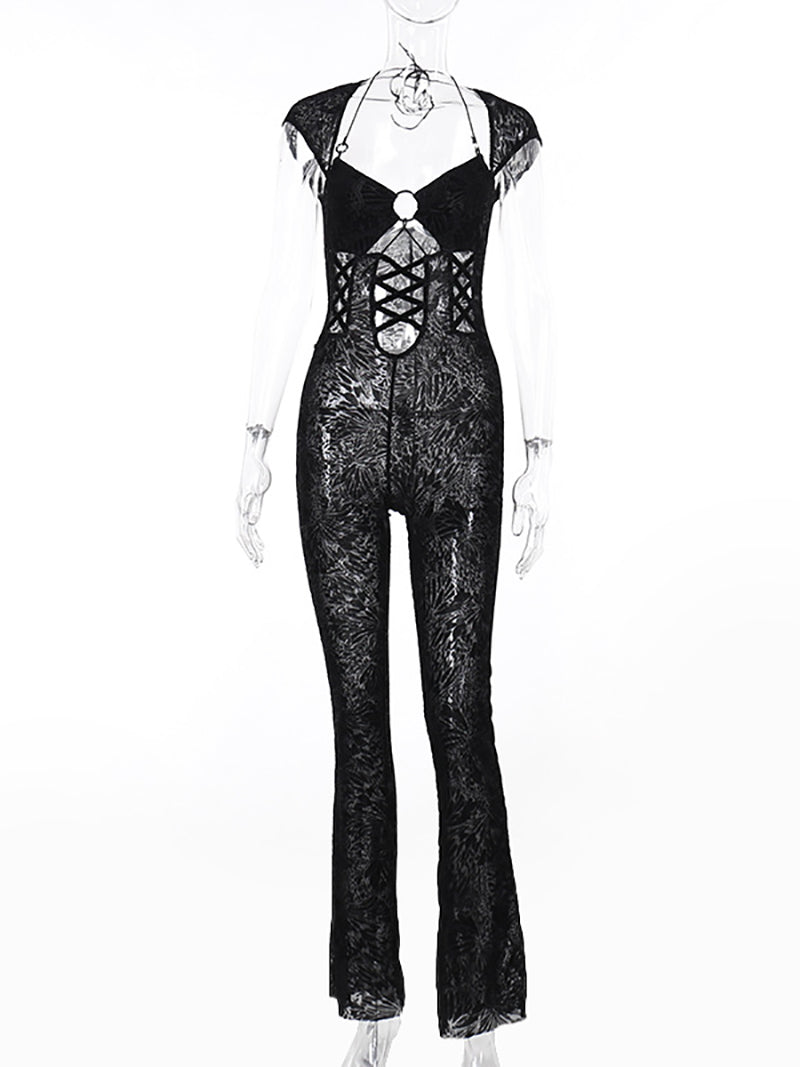 Sexy Flocking Hollow out Bandage Jumpsuit