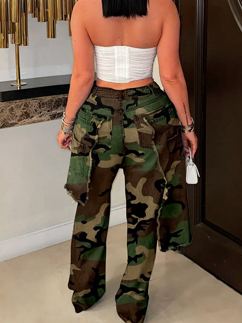Casual Camo Denim Patchwork Straight Jeans
