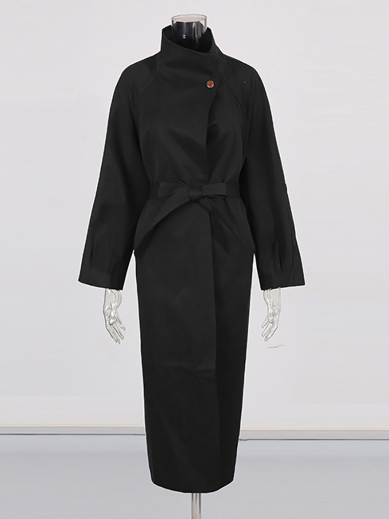 Boutique Stand Collar Lace-up Long Trench Coat