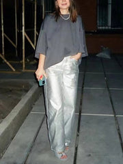 High Waist Metal Color Wide leg Trousers