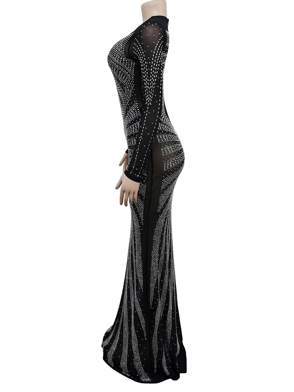 Elegant Sheer Mesh Rhinestone Maxi Dress
